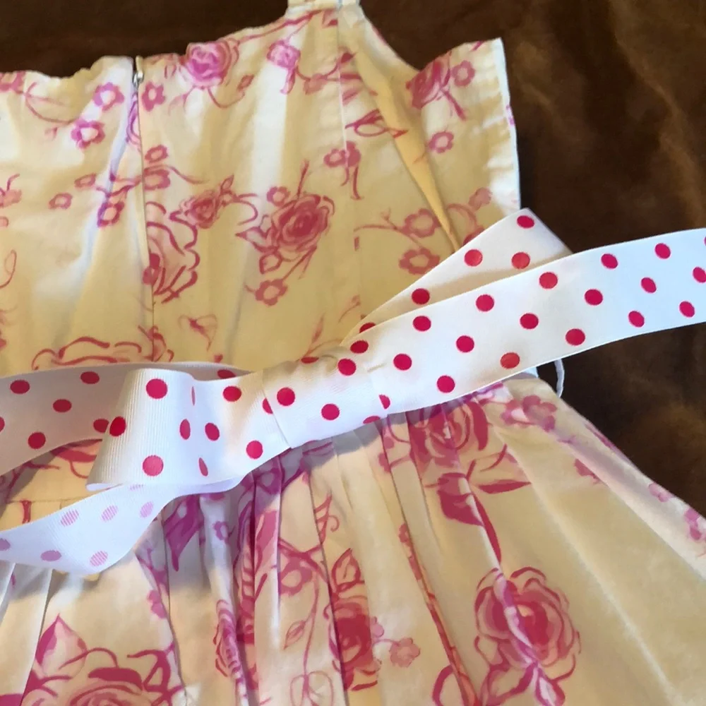 The Children's Place White Dress with Pink Floral Print and Pink Polka Dot Belt